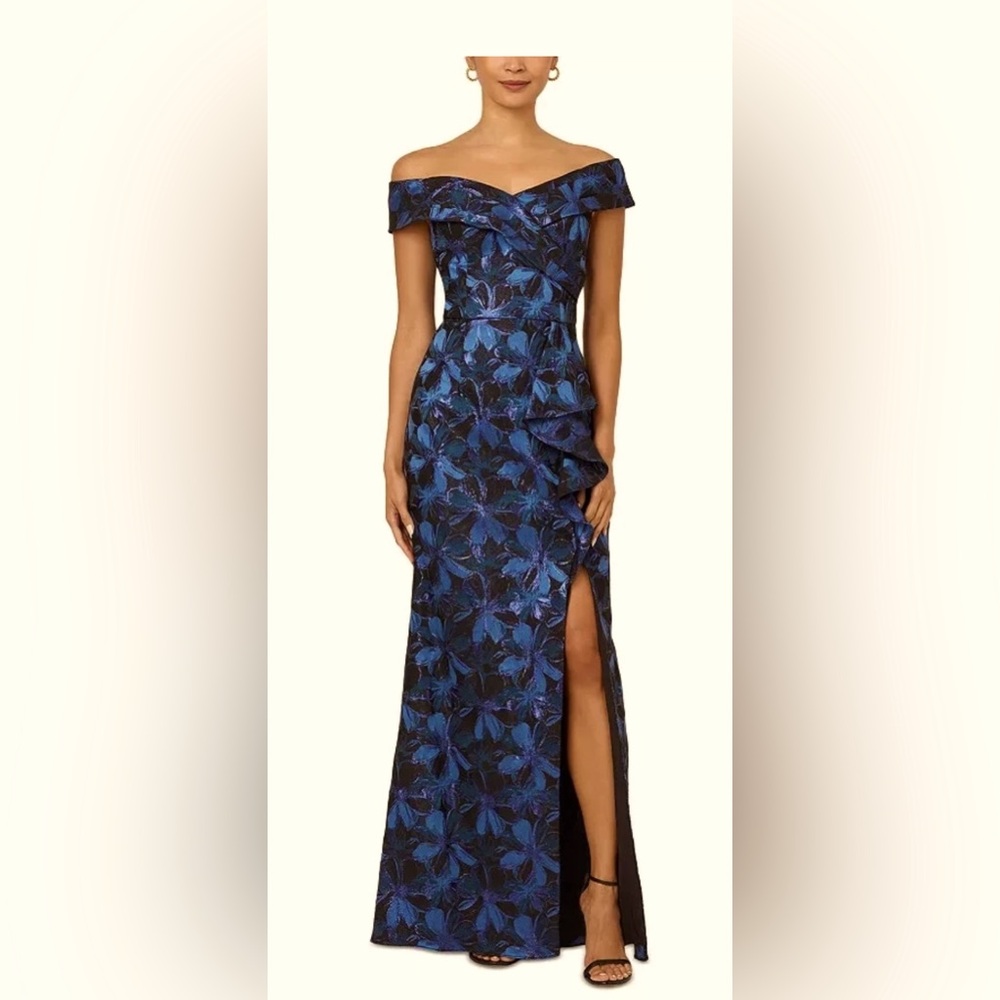 Adrianna Papell off shoulder  Blue Floral Jacquard gown